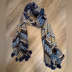 Geometric Patterned Scarf in Blue and Yellow with Pom Poms